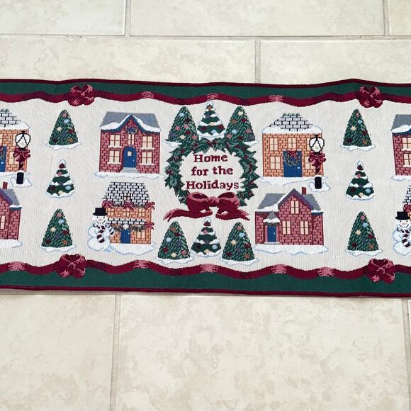 Vintage 70s Home For The Holidays Fringe Tapestry Table Runner 12.5" W 72" L - Picture 1 of 9